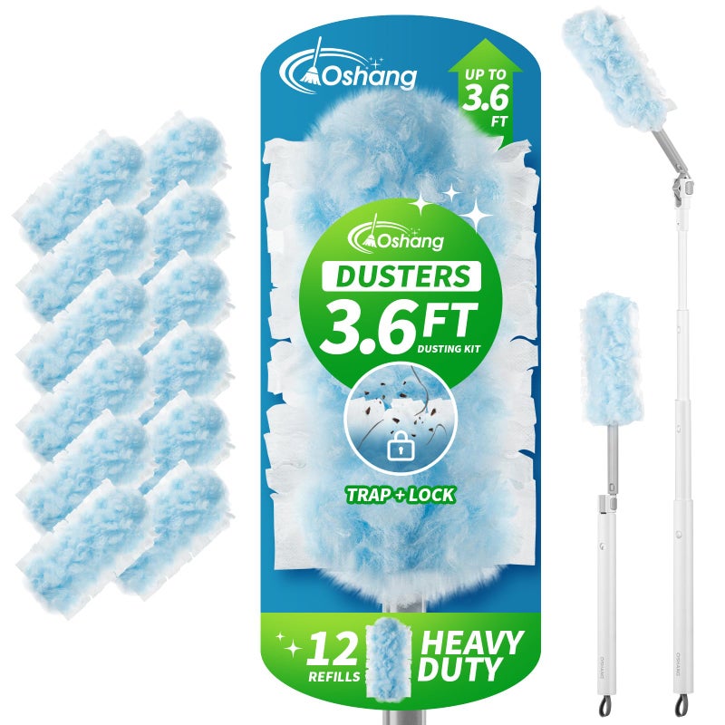 oshang Duster Heavy Duty 36 ft Extended Handle Dusting Kit MultiSurface Cleaning Home Office Furniture Ceiling Fan Powerful Dust Removal Feather Dusters 1 Duster 12 Refills